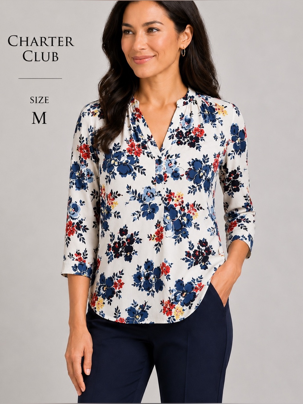 CHARTER CLUB white floral 3/4 sleeves blouse /size PM